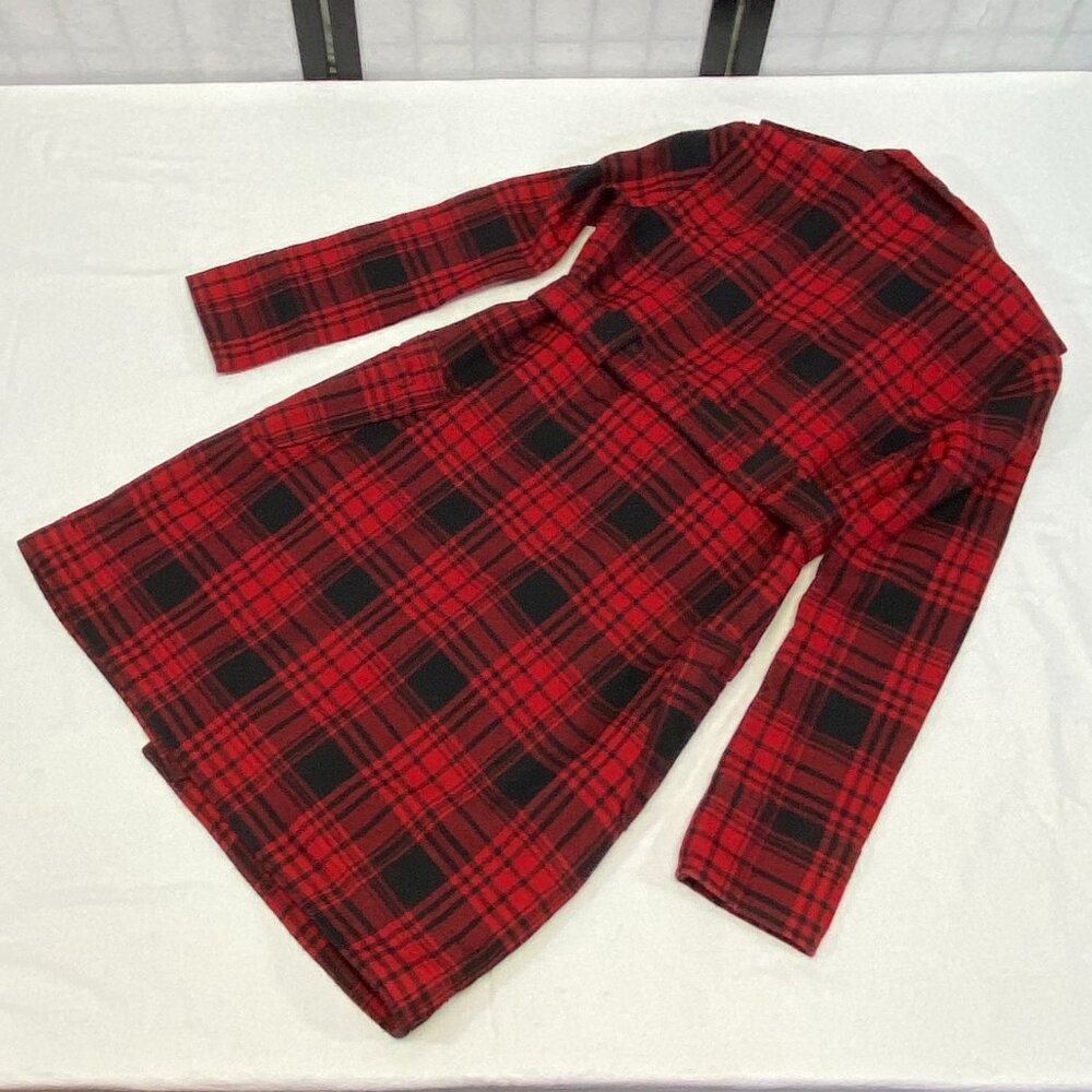 BB Dakota Plaid Wool Blend Long Trench Coat Red Black M Belted Full Zip Hi Neck - Picture 9 of 11